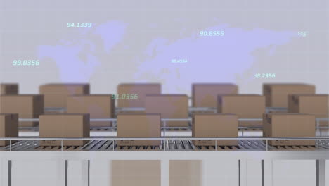 animation of data processing and world map over boxes on conveyer belt against grey background