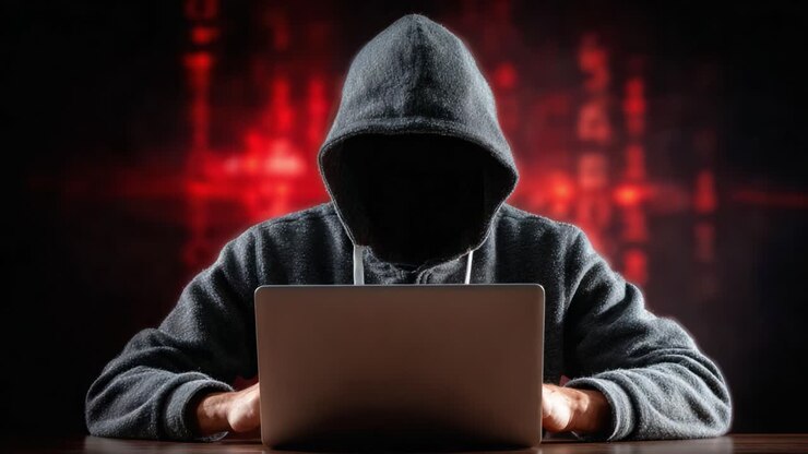 En mystisk person involveret i cyberaktivitet, skjult i skyggerne med en bærbar computer, der forstærker spændingen ved digital anonymitet og bekymringer om online sikkerhed.