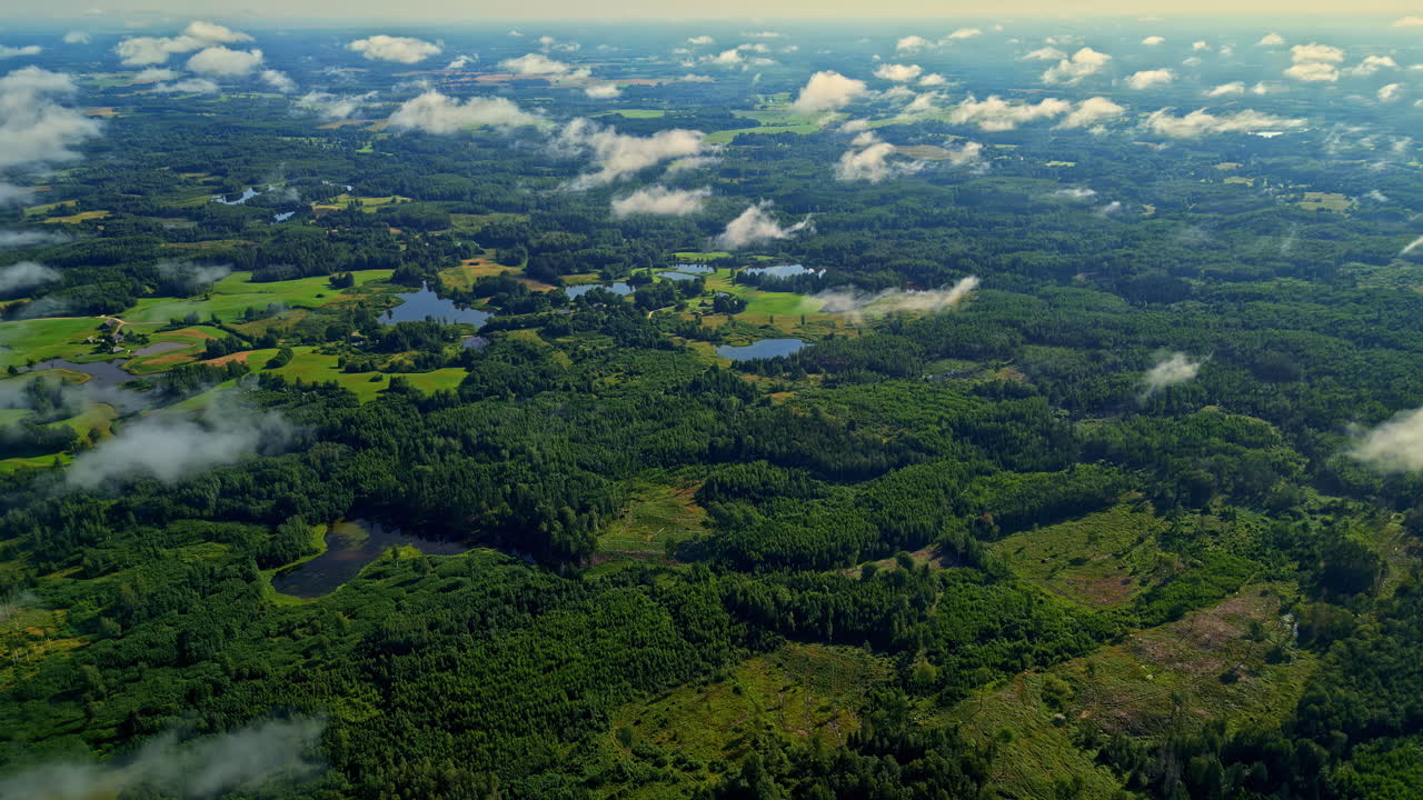 la niebla se eleva sobre un vasto y exuberante paisaje verde con manchas de bosques, campos y pequeños lagos