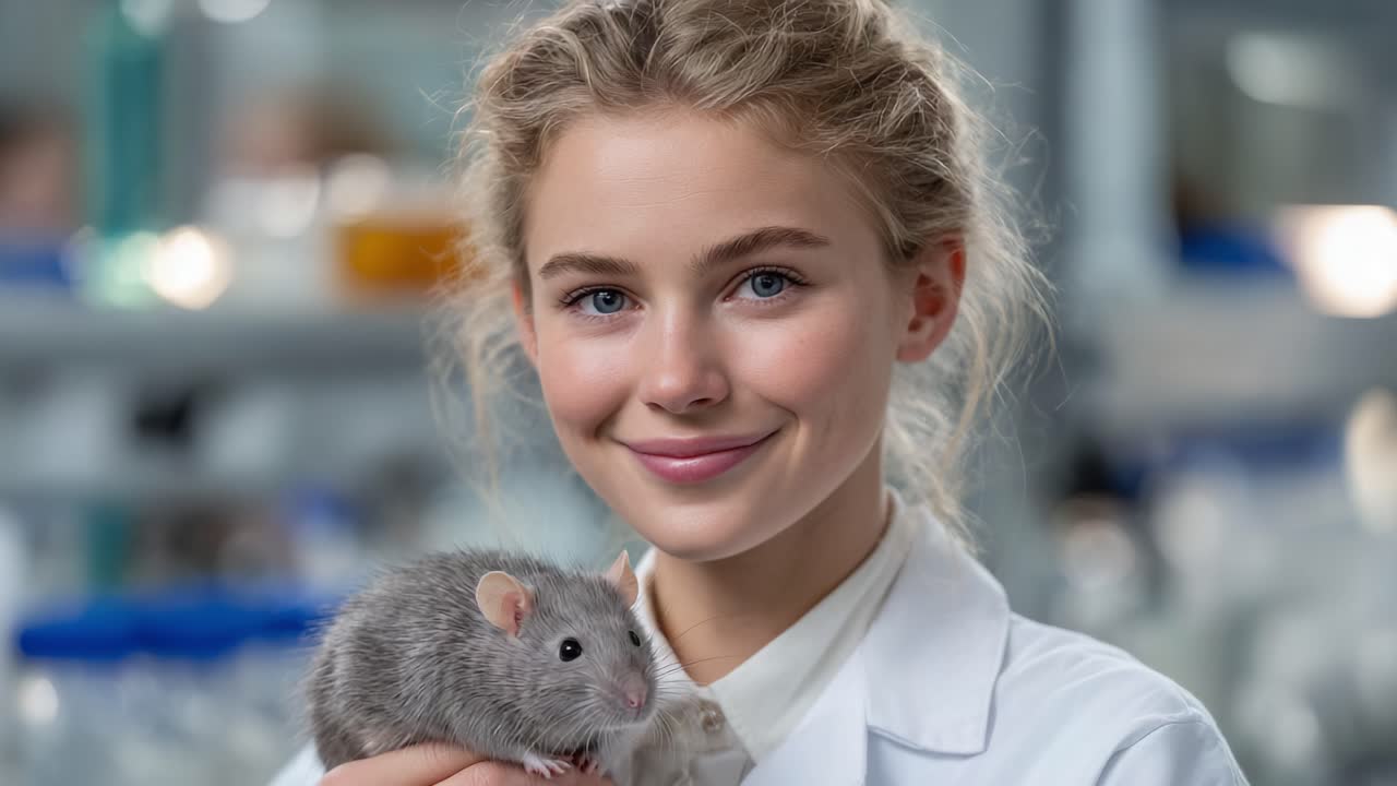Una giovane scienziata illustra la sua ricerca con un ratto domestico, mostrando il legame tra gli animali e l'esplorazione scientifica in un ambiente di laboratorio