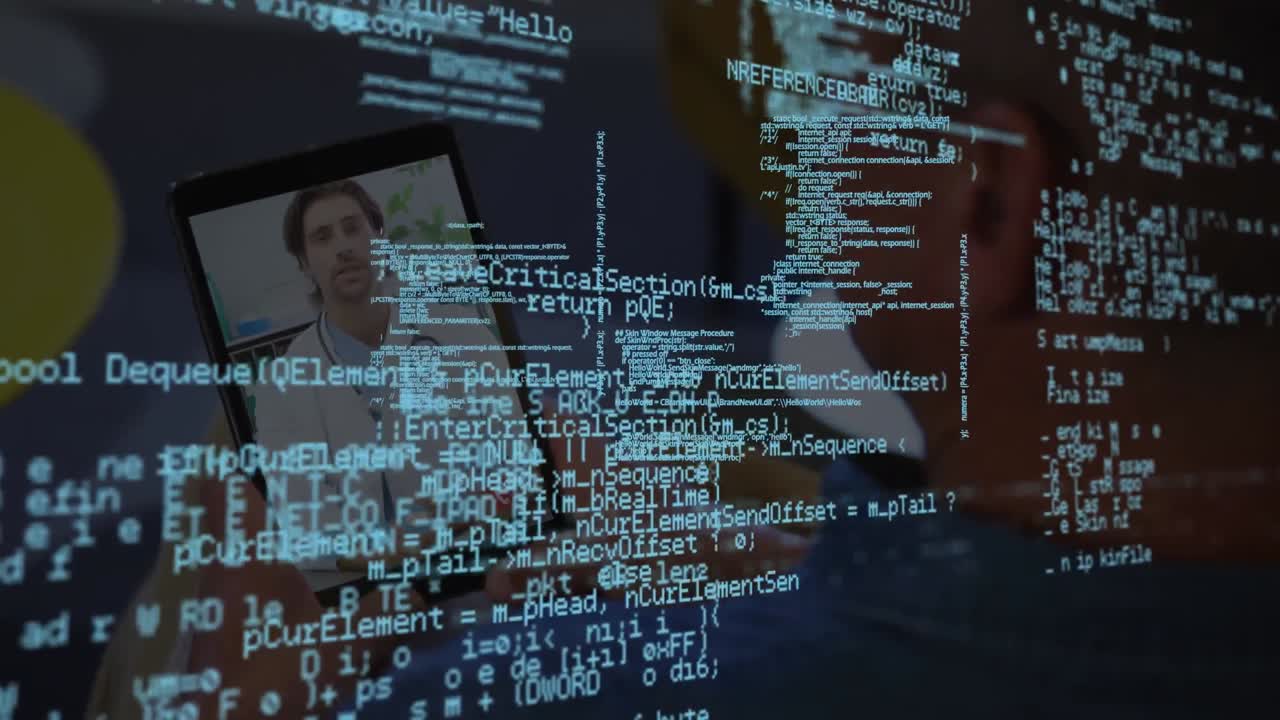 animazione dell'elaborazione dei dati su uomo su tablet consultazione medica videochiamata