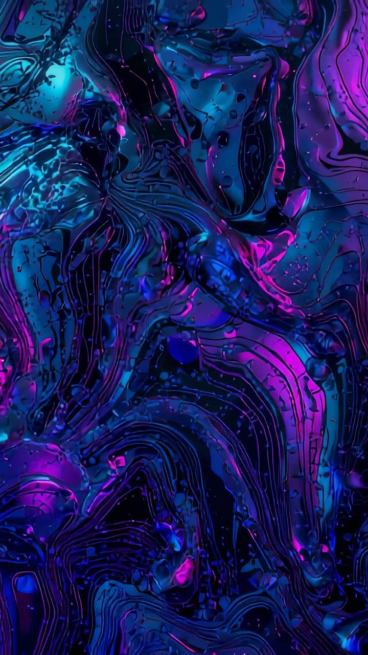 Video verticale: fluido lucido in trasformazione in macro studio, che forma gocce magenta ciano in loop