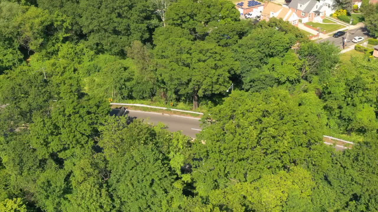 un lapso de tiempo aéreo sobre árboles verdes por una intersección de carretera en un día soleado