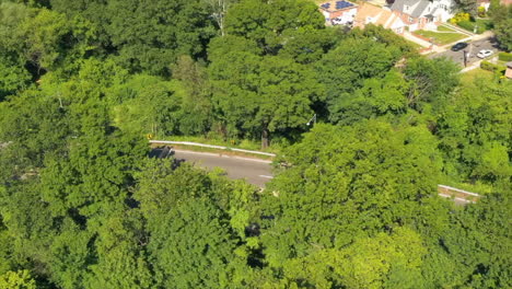 Un-Lapso-De-Tiempo-Aéreo-Sobre-árboles-Verdes-Por-Una-Intersección-De-Carretera-En-Un-Día-Soleado