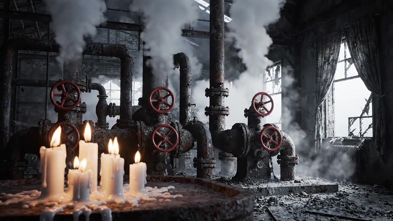 En dyster atmosfære skabes af dryppende vokslys, der oplyser et industrielt miljø fyldt med damp, rustne rør og vintage maskineri.