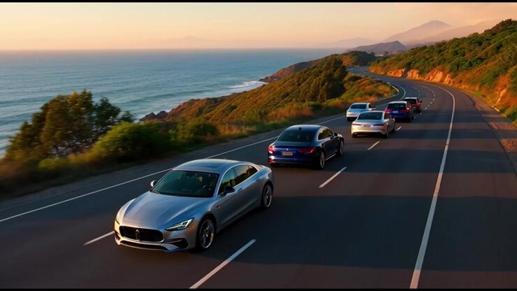 Convoy de coches de lujo circulando por una autopista costera al atardecer