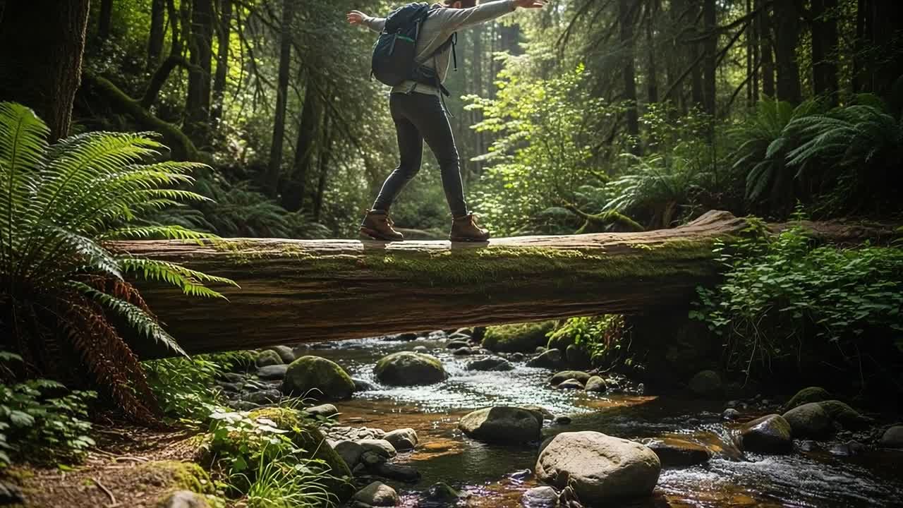 A Hiker Gracefully Balances on a Fallen Log While Exploring a Verdant Forest, Surrounded by Lush Foliage and Trickling Streams in Radiant Sunlight