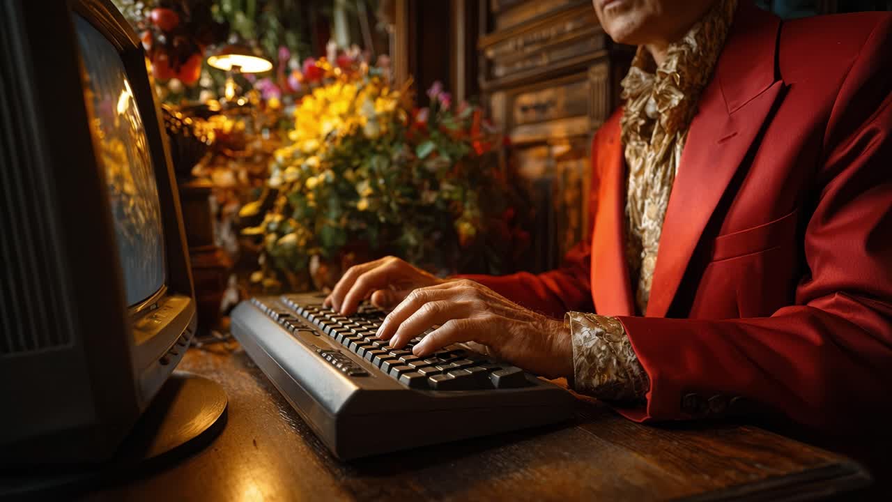 Una persona elegante in abito rosso intenta a digitare su un computer vintage, circondata da rigogliose piante da interno ed elementi decorativi, che cattura l'aura nostalgica.