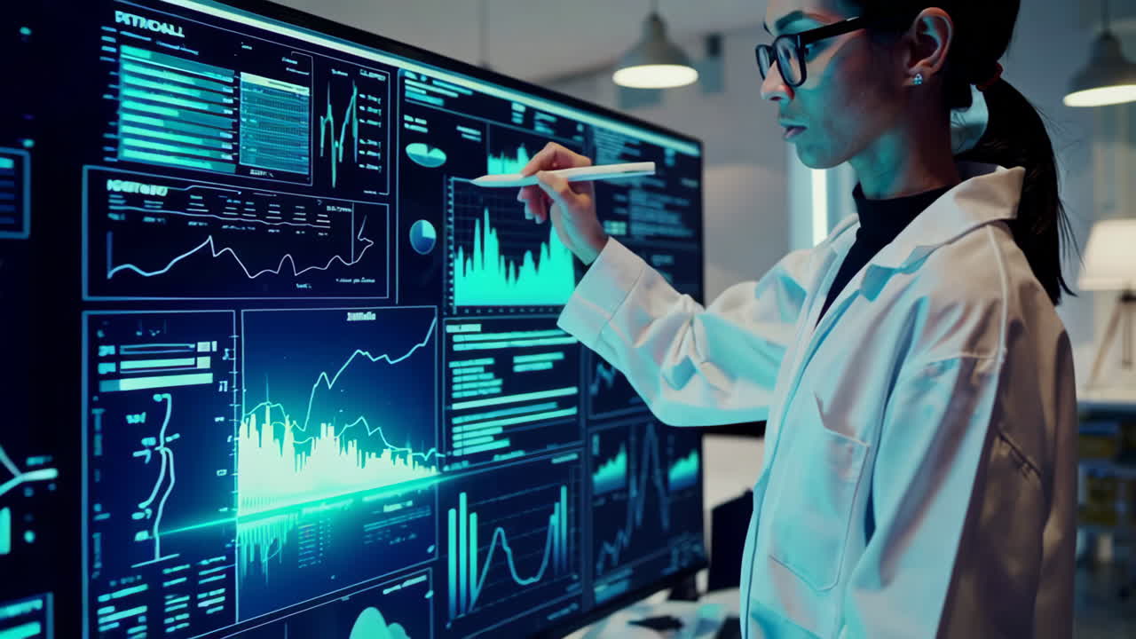 Woman analyzing data on a large interactive display