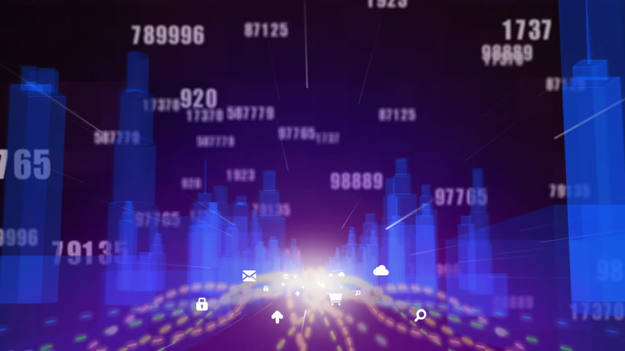 보라색 배경의 3d 도시 모델에 비해 여러 개의 숫자가 변하고 있습니다.