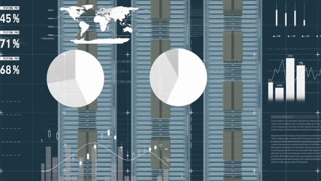 animation of financial data processing over cardboard boxes on conveyor belts