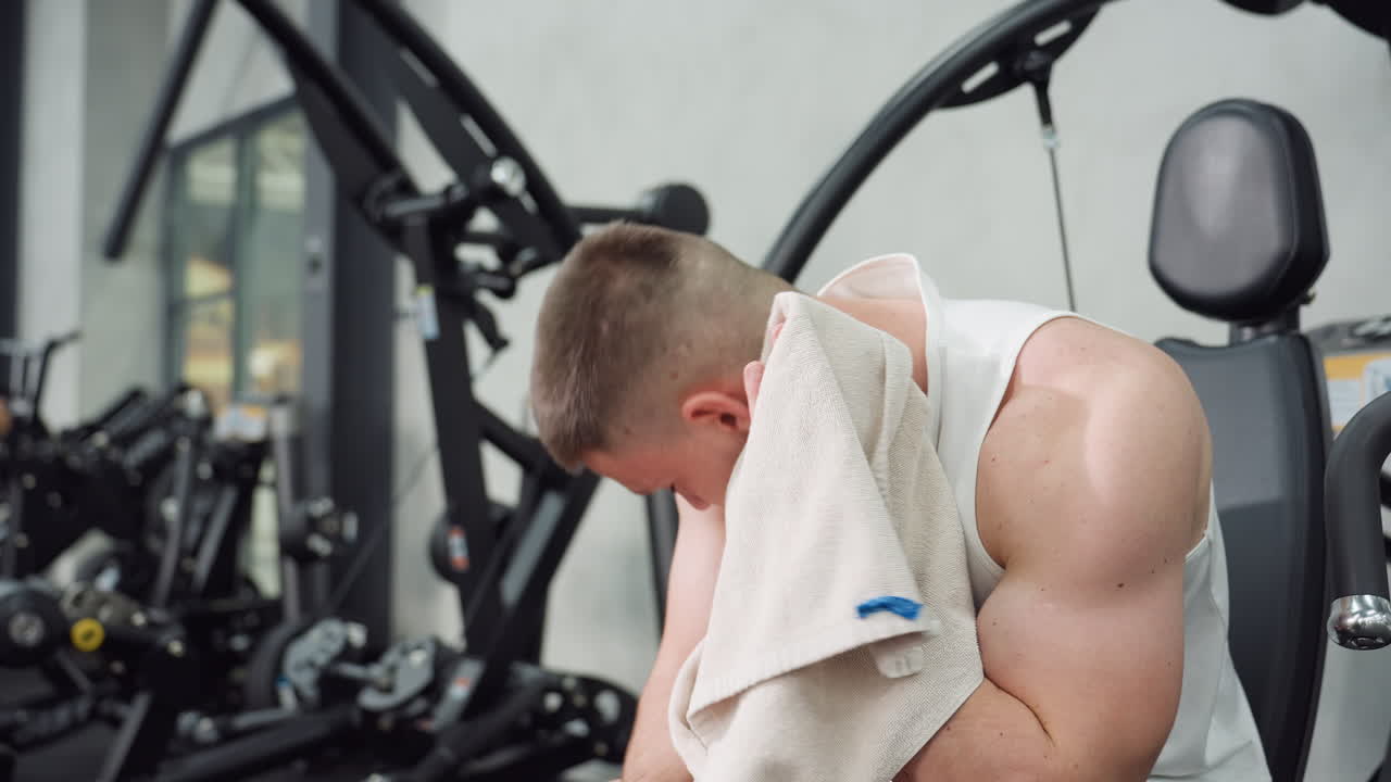 Fitness expert seated on weight bench cleaning face with gym towel showing relief and wiping heavy perspiration from brow and neck after intense chest press workout under bright modern gym lighting