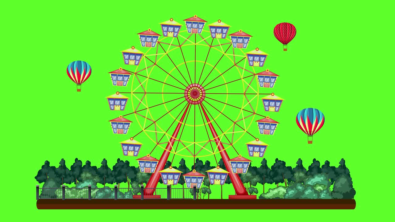 다채로운 풍선들이 활기찬 놀이공원 위로 올라갑니다.