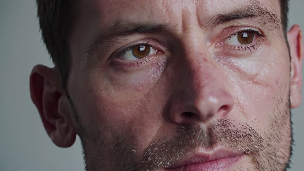 Close-up video shot of a man's face, capturing intense expression and detail
