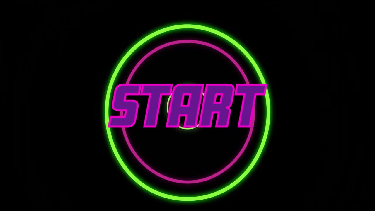 Animation of bold pink START text with neon green circle on black background