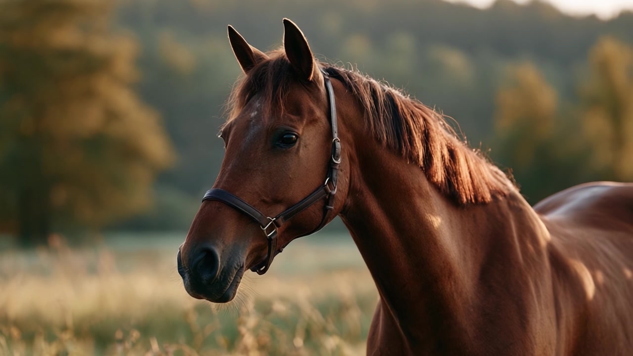 Cavallo elegante in un sereno ambiente pastorale: un maestoso equino tra lo splendore della natura catturato in una splendida luce dorata.