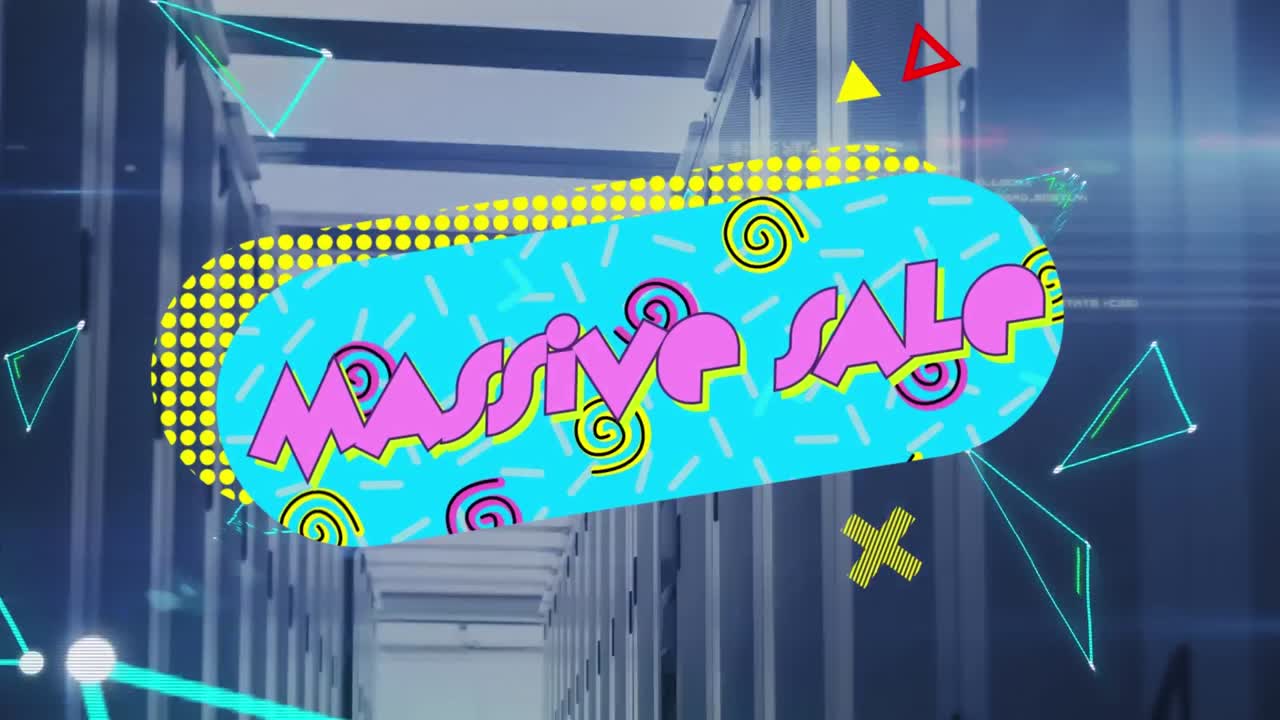 animación de formas y texto de venta masiva sobre la sala del servidor