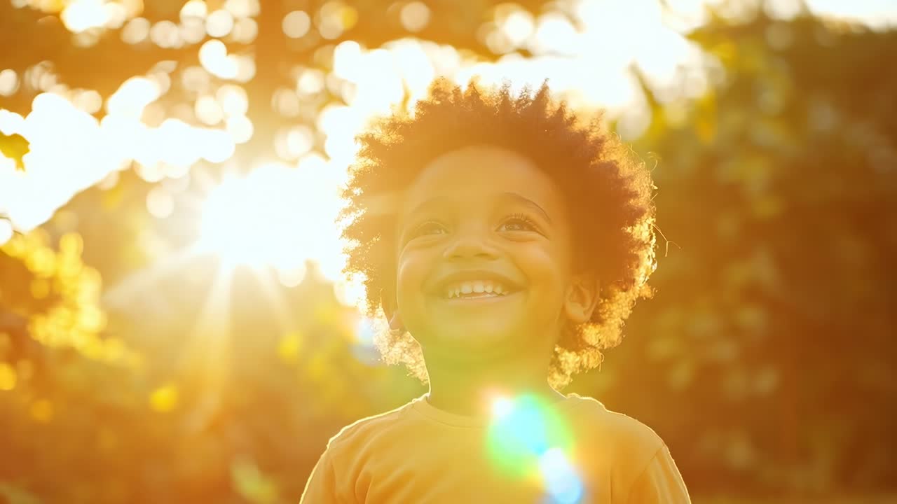 A joyful child smiles in a sunlit garden, captured in a low-angle shot