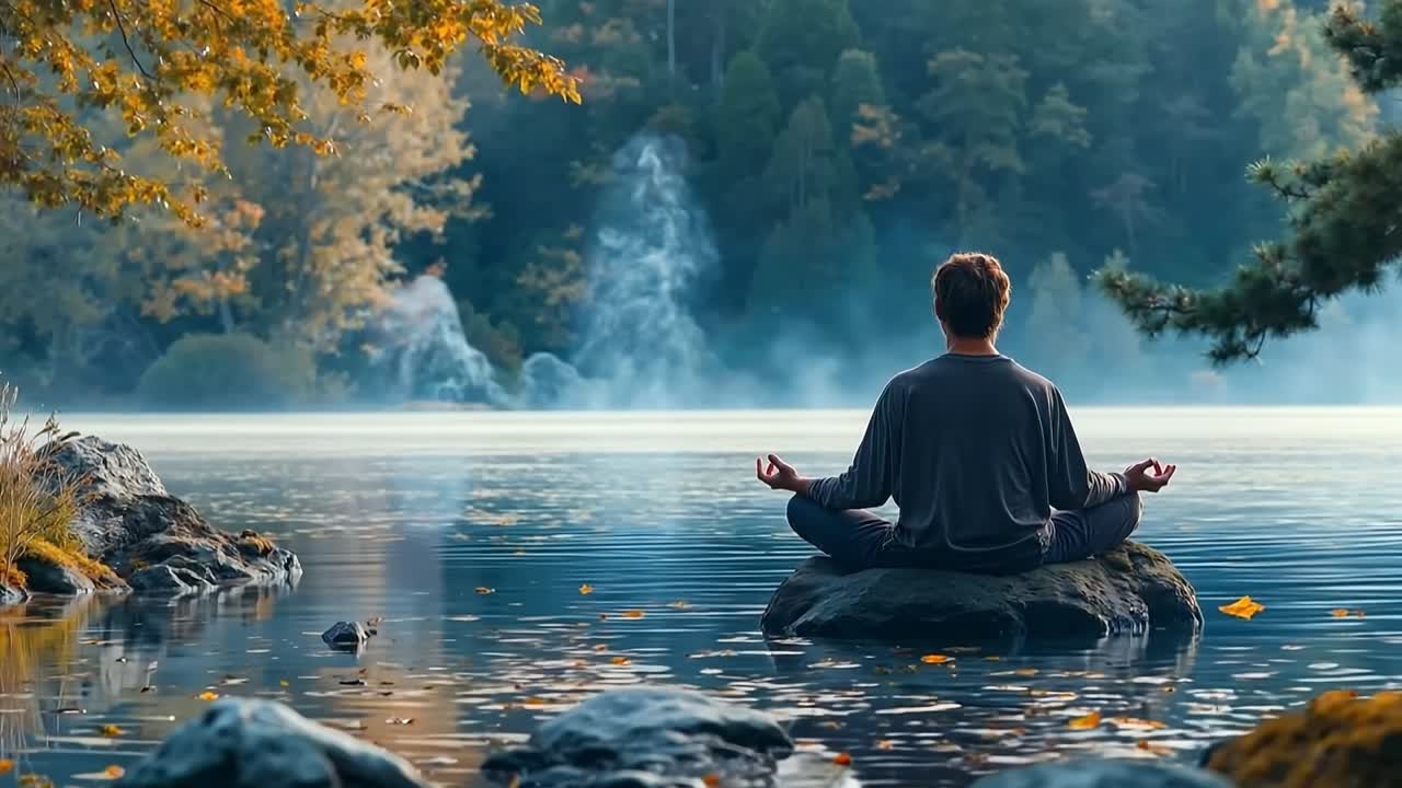 un hombre meditando en una roca en el medio de un lago