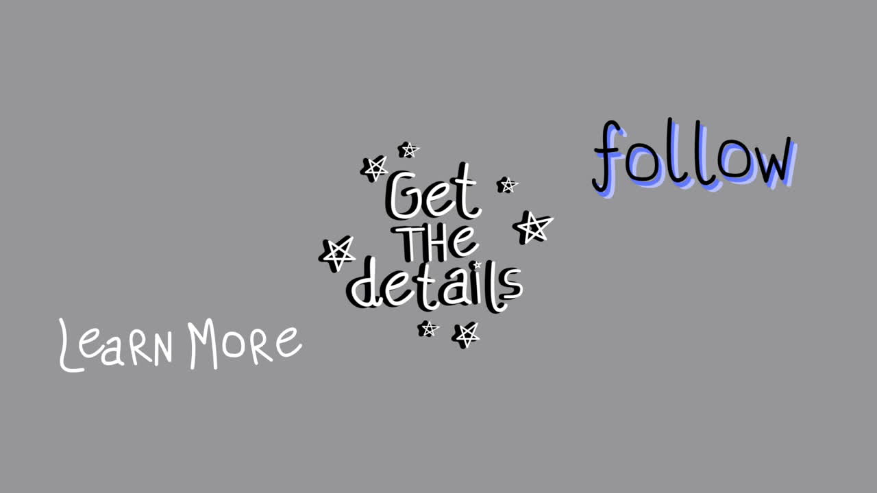 단어의 애니메이션 더 많은 것을 배우고 세부 사항을 얻고 회색 배경에서  ⁇ 박이는 것을 따르십시오.