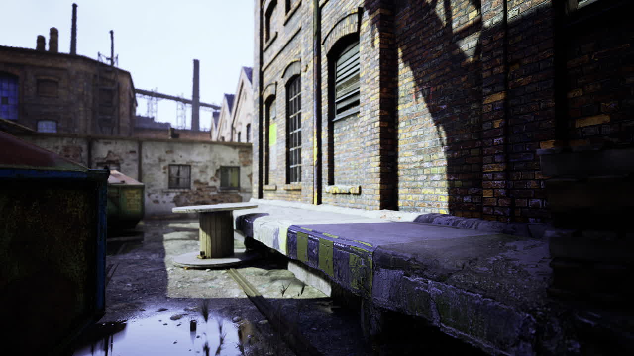 In a sunlit urban alley worn brick buildings reflect a bygone era