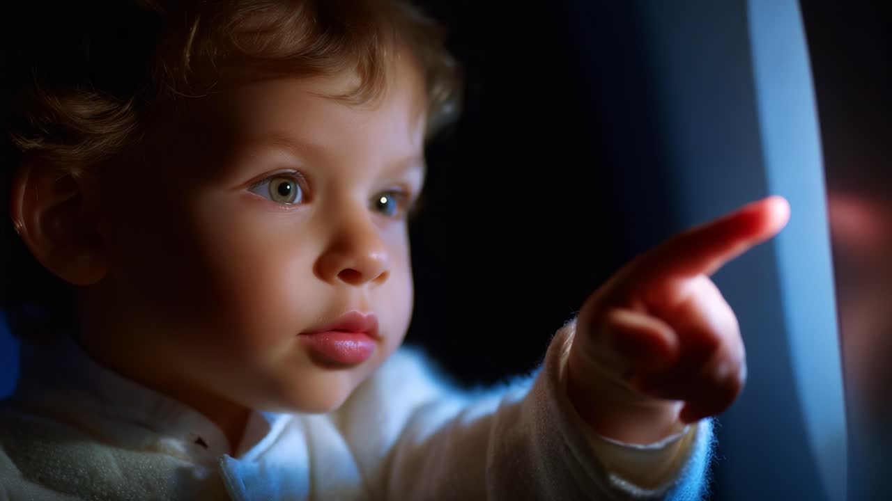 A Captivated Child Gazes in Awe, Pointing at a Mysterious Light Source with Curiosity and Wonder, Illuminated by Soft Warm Lighting, Capturing the Essence of Childhood Discovery and Exploration