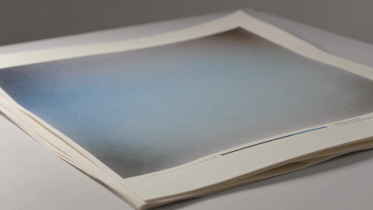 Panning camera revealing print stack on white table, lighting warming gradient and deckle edges
