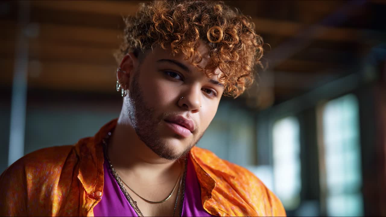 A Portrait of Confidence: A Person with Curly Hair and Vibrant Clothing Posing in a Softly Lit Room, Creating an Engaging and Thoughtful Atmosphere