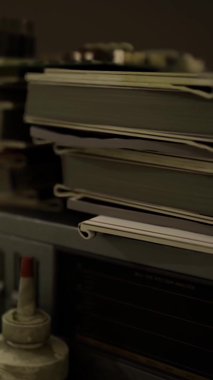 Books and papers stacked on a shelf in a study area during late evening hours