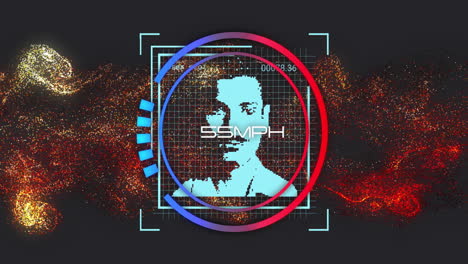 digital face and speedometer animation over abstract background with red and blue elements