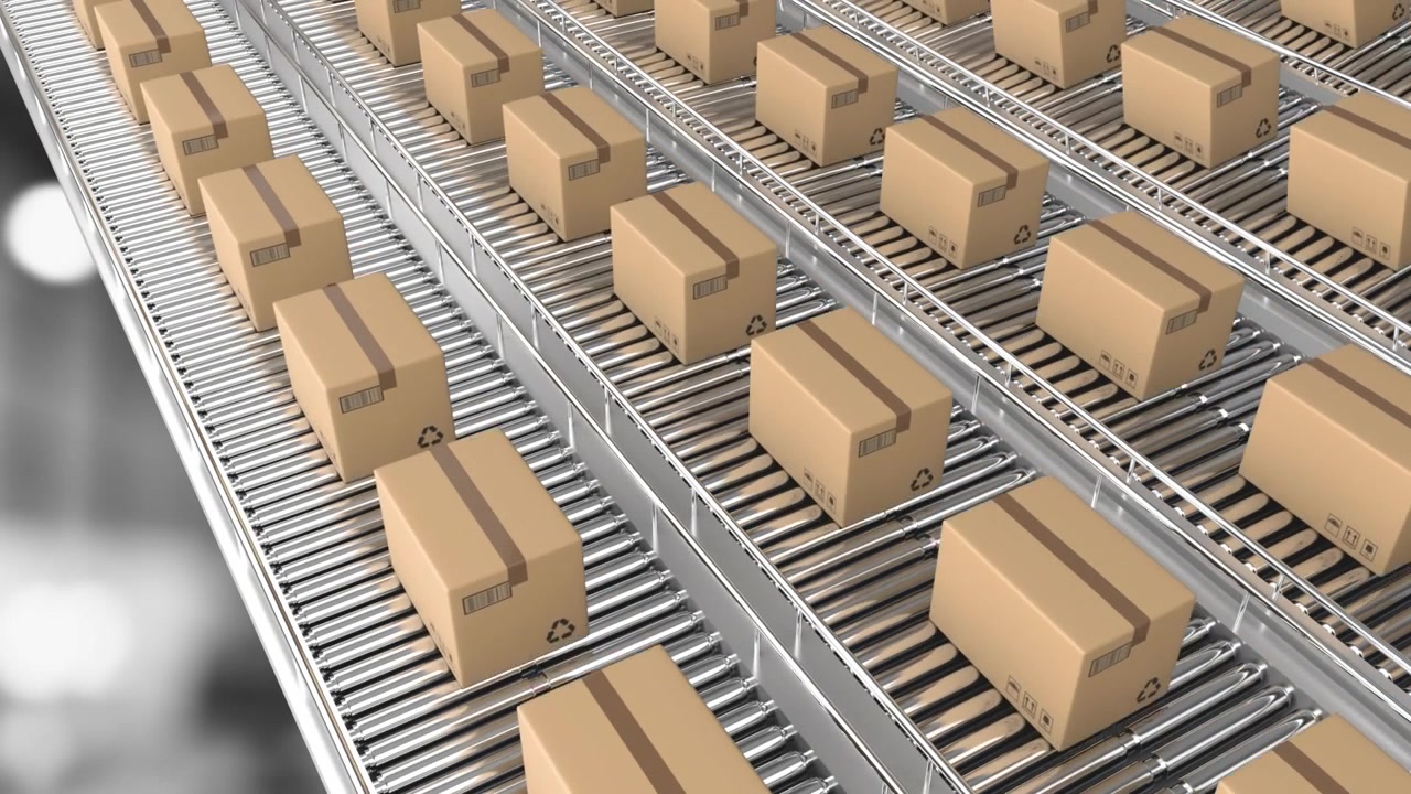 Animation of boxes on conveyor belt over warehouse