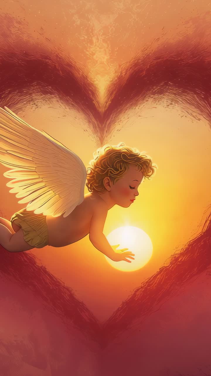 Vertical video: Winged boy reaching, orb drawing him over heart clouds at sunset, in loincloth