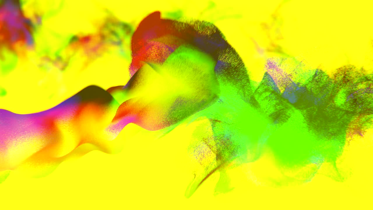 abstracto polvo colorido en fondo amarillo, partículas 3d, bucle