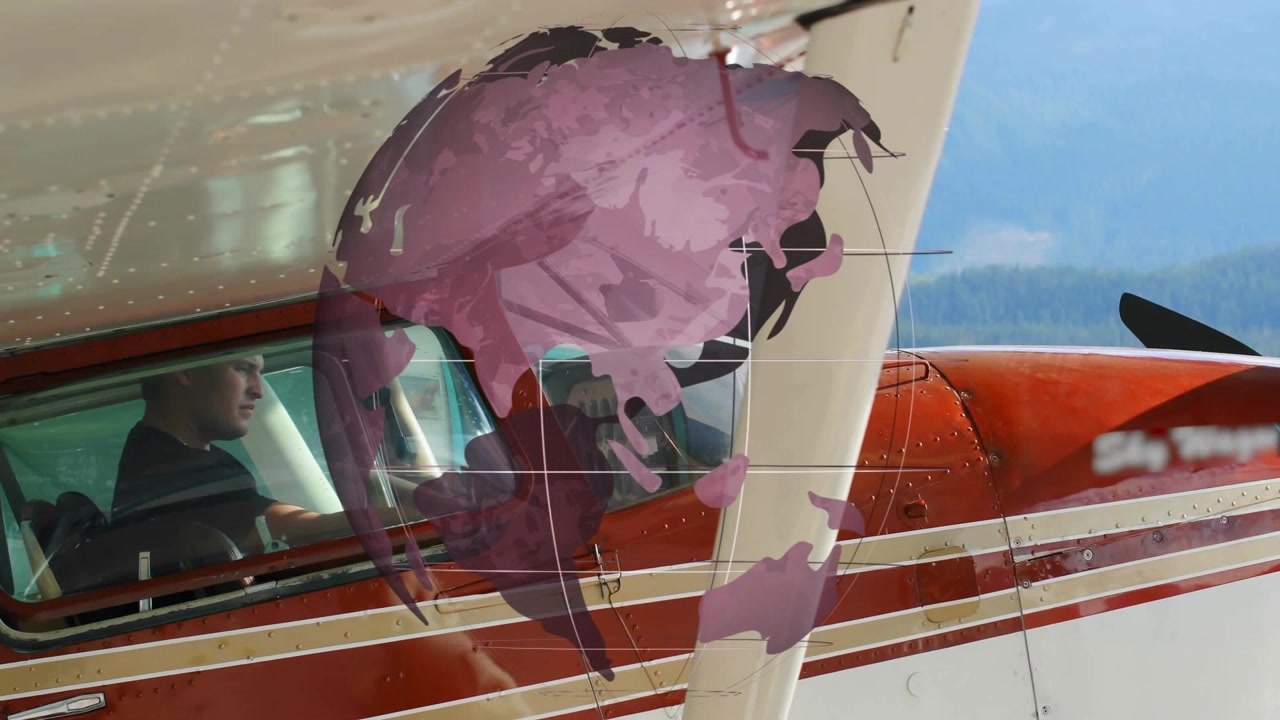Globo transparente girando revelando a un piloto en la cabina escaneando indicadores para el despegue de aviación