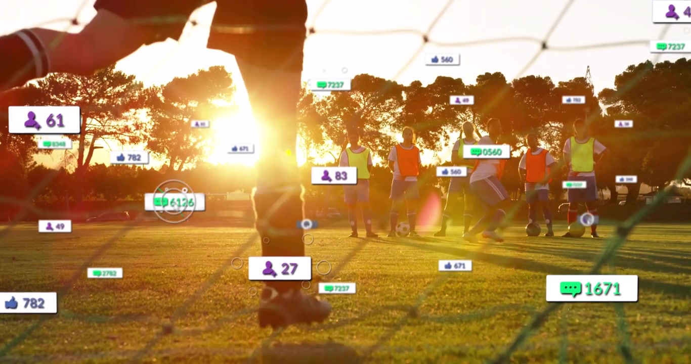 Sportsmålmand viser skytte rotere, tager frispark ved mur, med stigende seertællere og solnedgang.