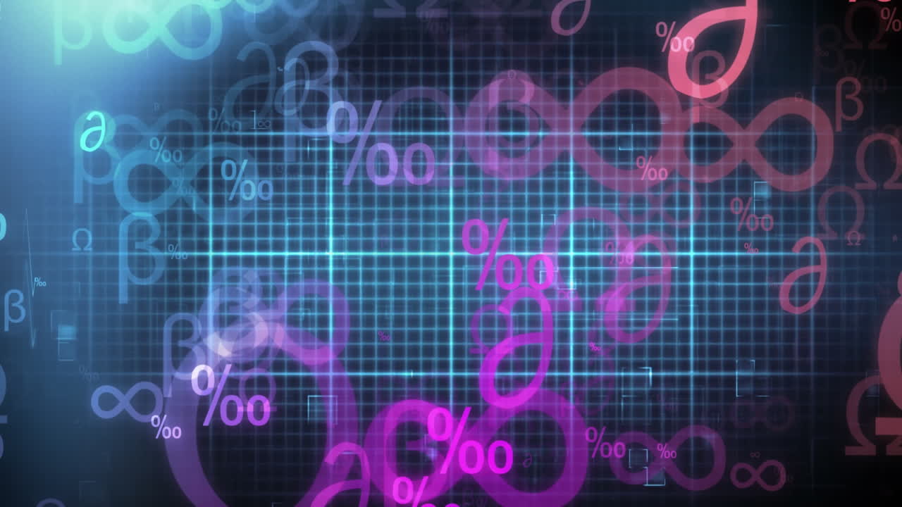 animación de símbolos matemáticos iluminados y línea de pulso que se mueve en la cuadrícula