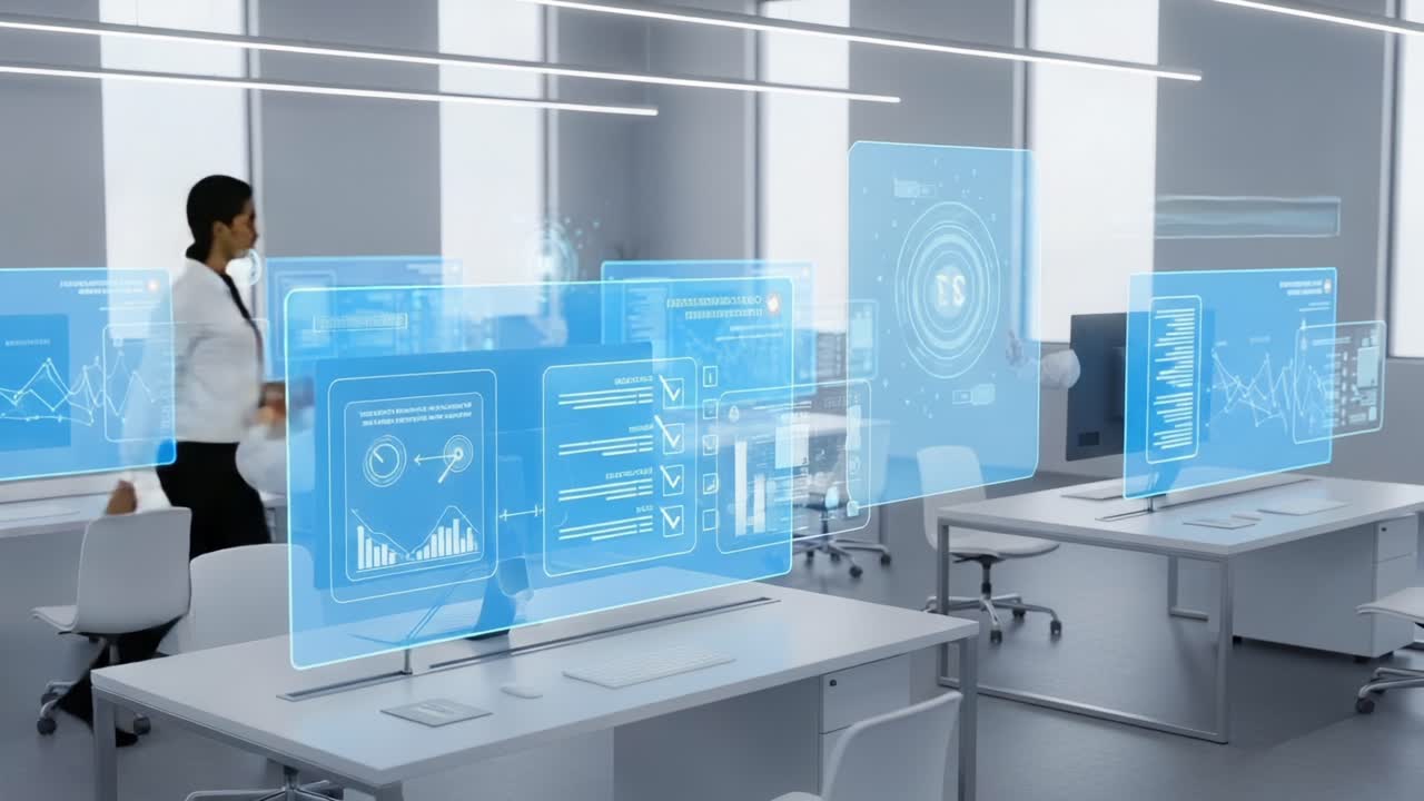 Futuristic Office Environment with Transparent Screens Displaying Data Analytics and Workflow Charts, Showcasing a Modern Workspace for Professionals