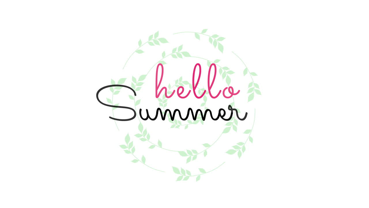 Hello Summer with green leafs on white gradient