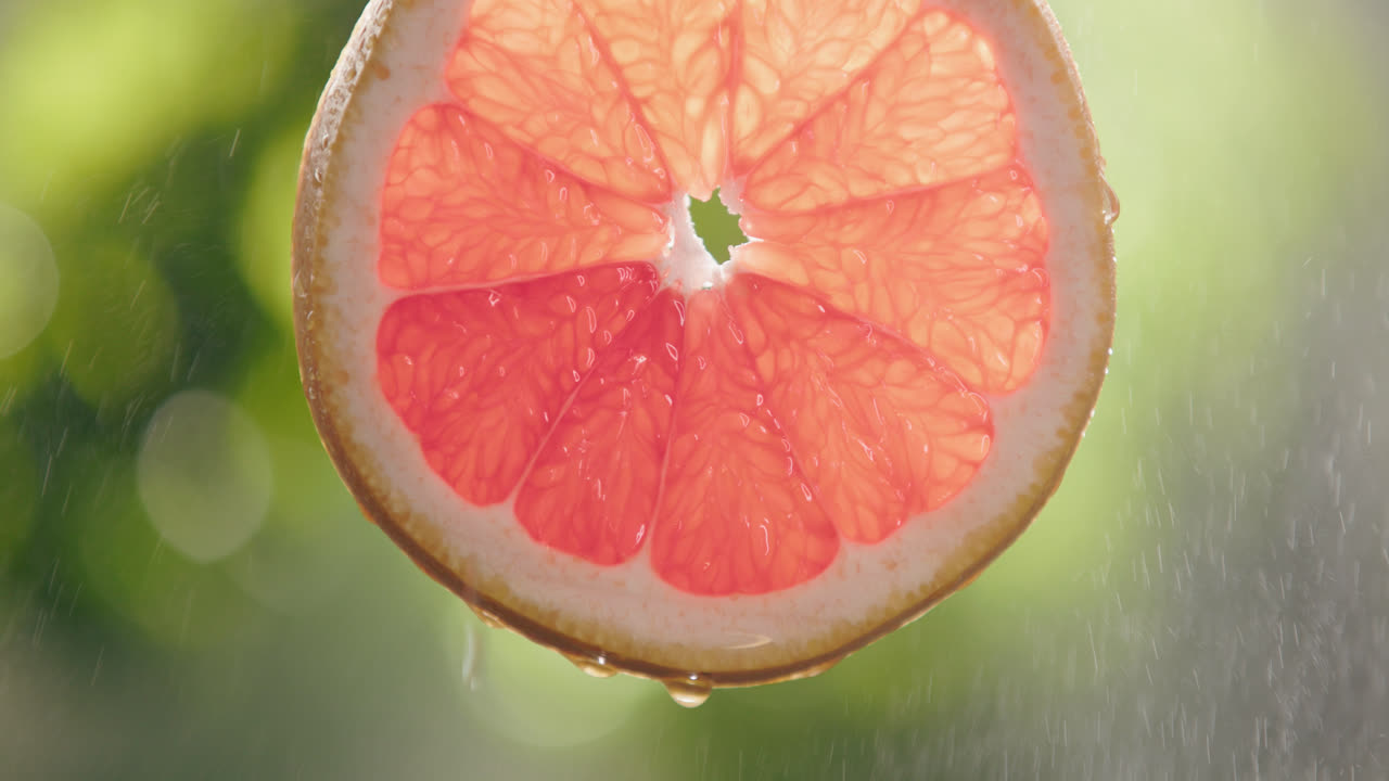 Fresh Grapefruit Slice Splashed by Water Droplet Mist in Slow Motion with Bright Backlit Background