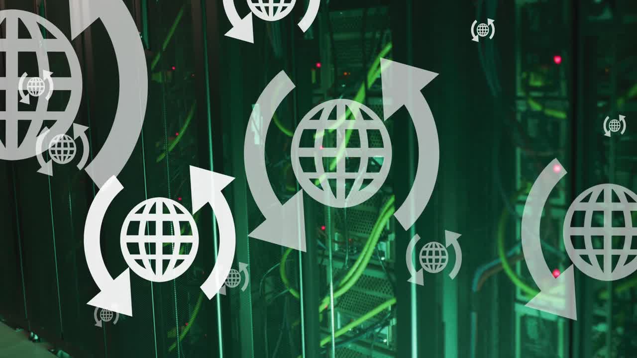 Animazione di un globo con icone a freccia su sala server
