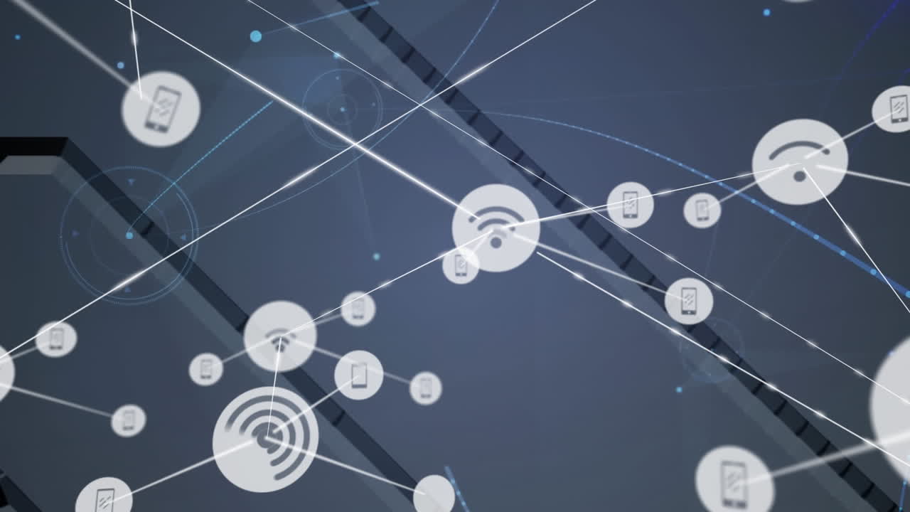 어두운 배경에 아이콘으로 데이터와 연결 네트워크의 애니메이션