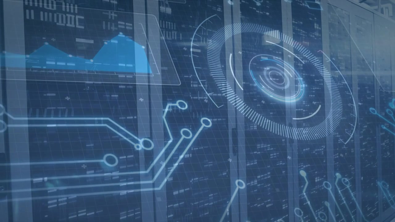 On startup blue HUD activating over server racks, ring rotating, traces drawing showing data flow