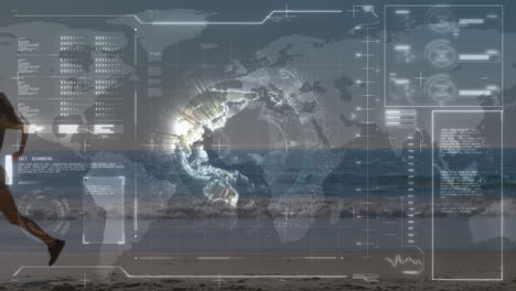 animation of data processing over fit woman running at beach