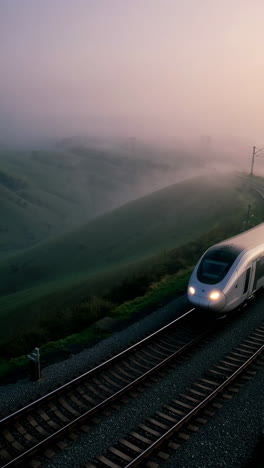 high-speed train through foggy hills