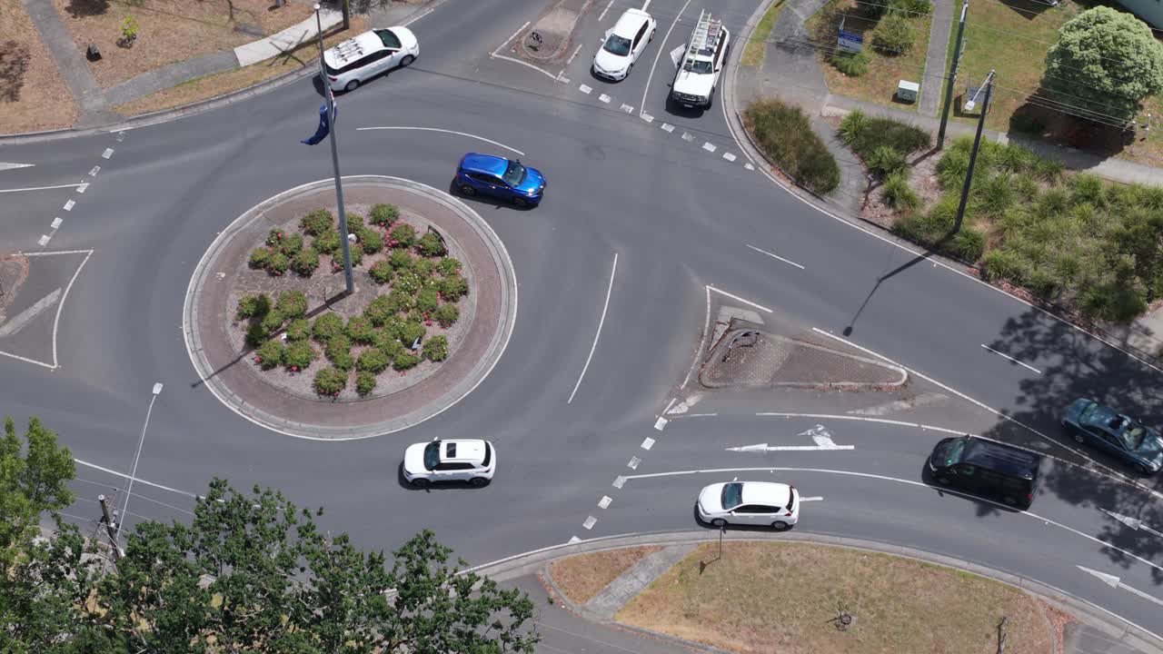 Aerial View of Cars Navigating a Busy Roundabout Intersection
