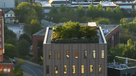 aerial view of a building with a rooftop garden