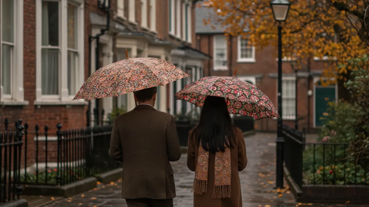 A Romantic Stroll Under Colorful Umbrellas Amidst Autumn Leaves in a Charming Urban Setting, Capturing the Intimacy and Beauty of a Rainy Day Together