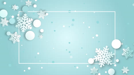origami snowfall. merry christmas greetings card with frame for text. white paper cut snowflake loop animation. soft turquoise background.