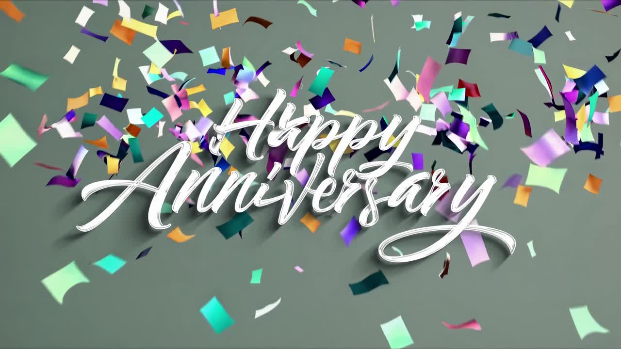 Falling colorful confetti cascading over verdant green background, featuring elegant white typography celebrating joyful anniversary milestone with vibrant visual design