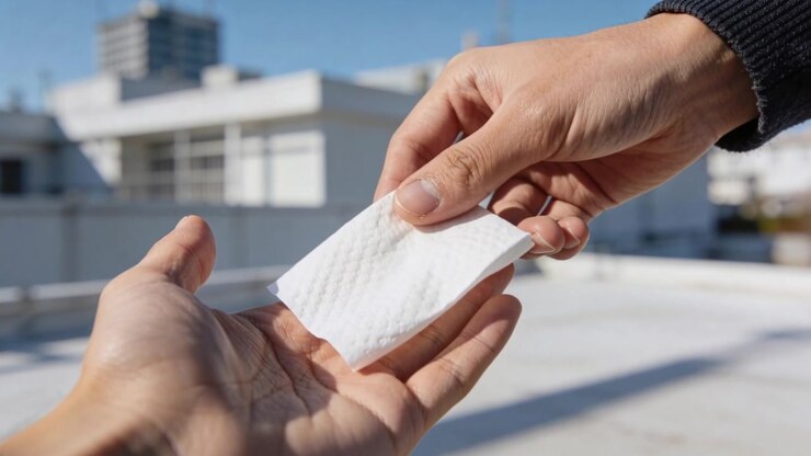 Offering two hands passing folded white wipe on rooftop for hand cleaning, dark sleeve